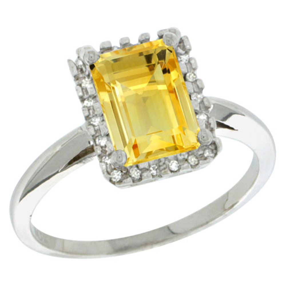 Sterling Silver Diamond Natural Citrine Ring Emerald-cut 8x6mm, 1/2 inch wide, sizes 5-10