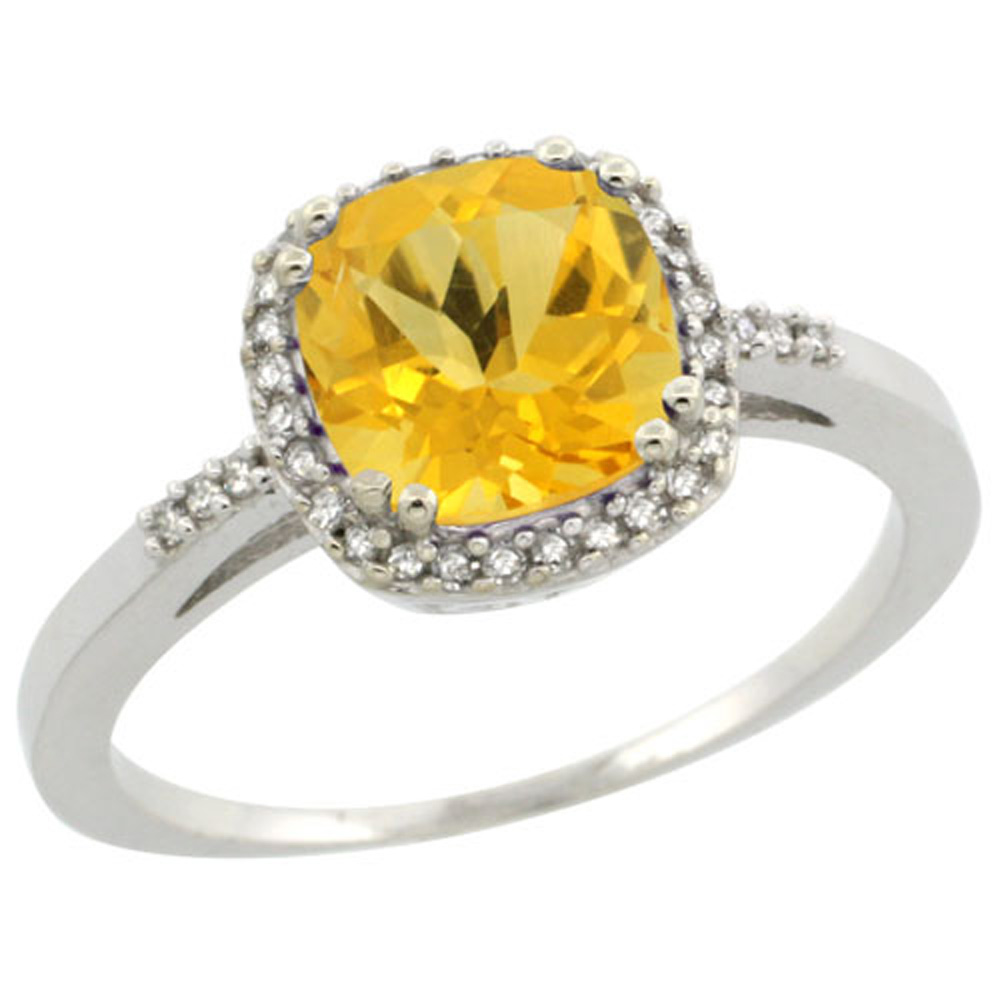 Sterling Silver Diamond Natural Citrine Ring Cushion-cut 7x7mm, 3/8 inch wide, sizes 5-10