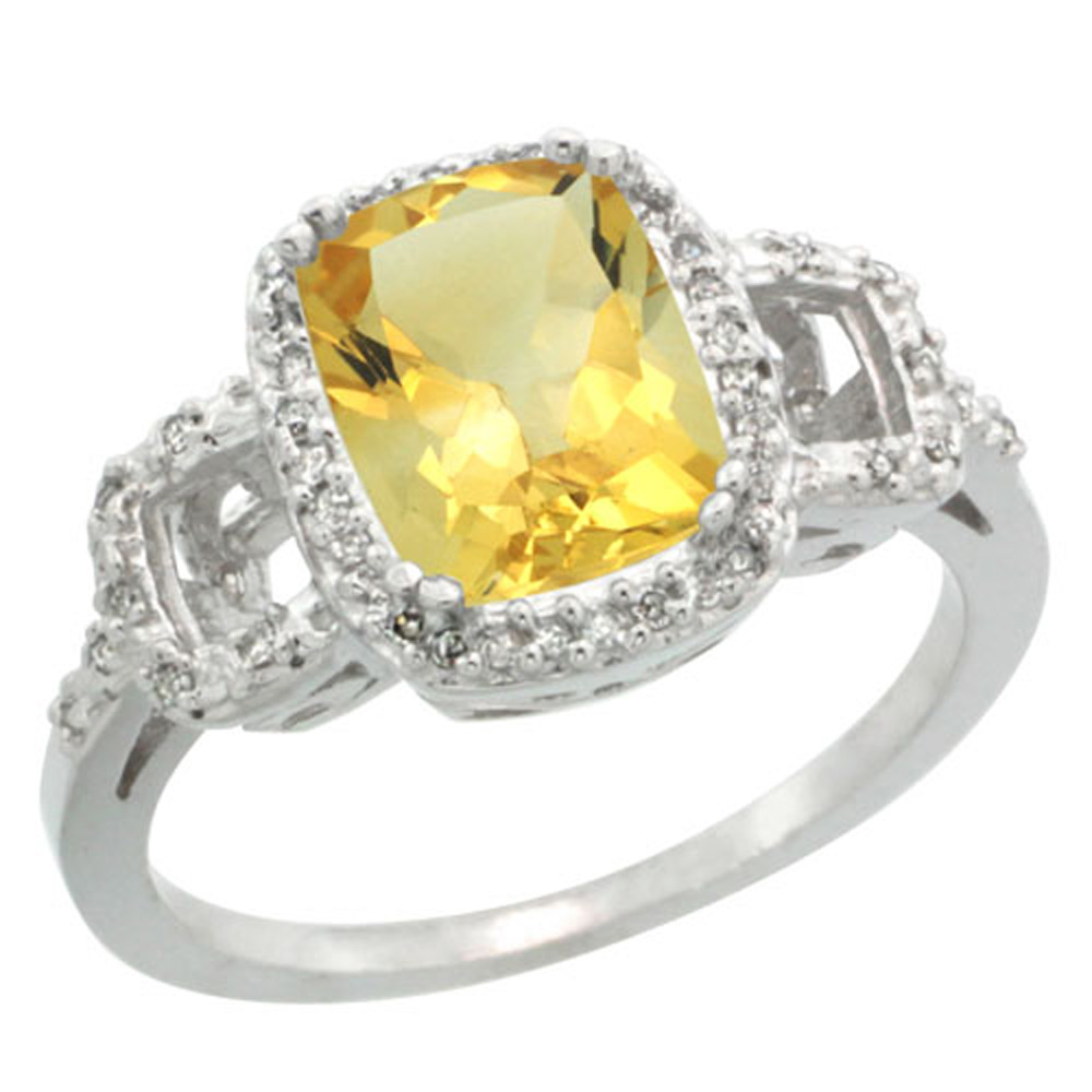 Sterling Silver Diamond Natural Citrine Ring Cushion-cut 9x7mm, 1/2 inch wide, sizes 5-10