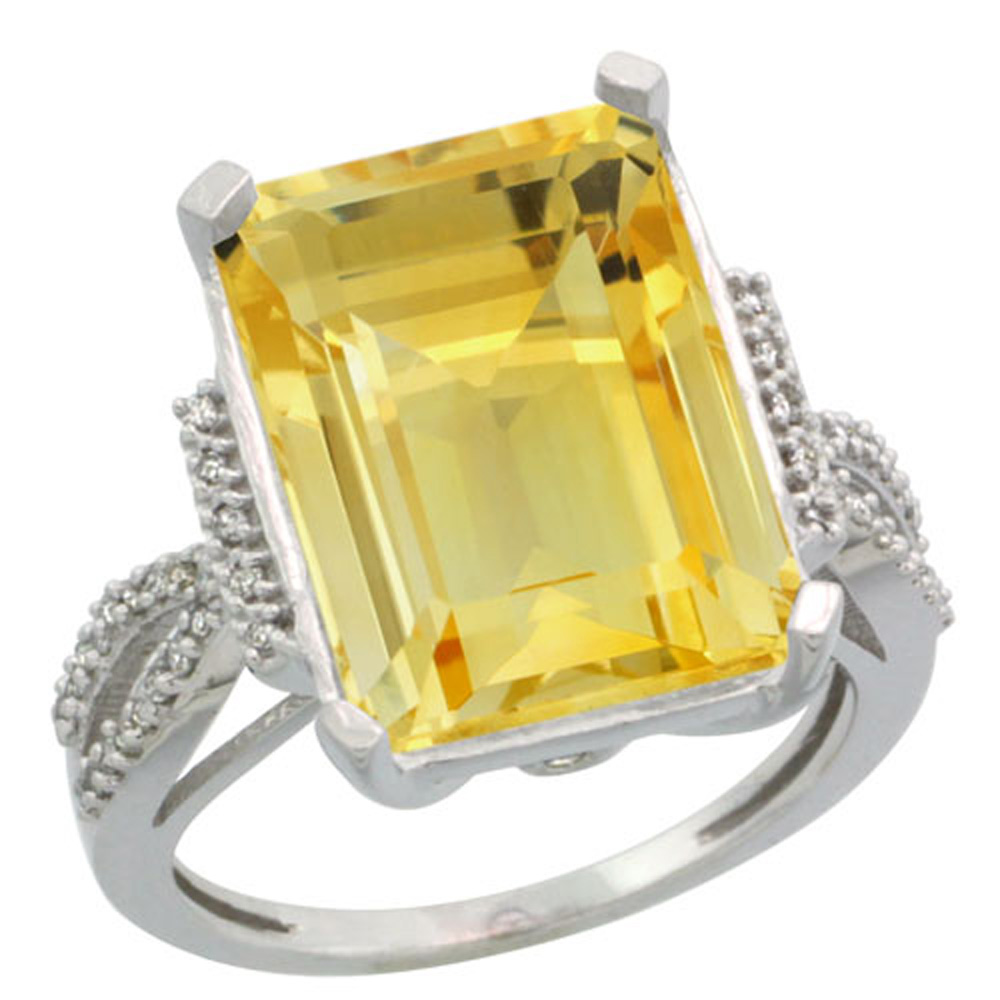 Sterling Silver Diamond Natural Citrine Ring Emerald-cut 16x12mm, 3/4 inch wide, sizes 5-10