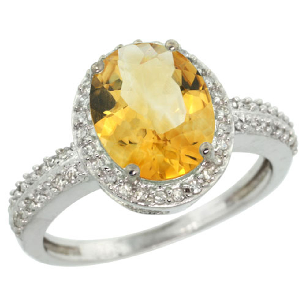 Sterling Silver Diamond Natural Citrine Ring Oval 10x8mm, 1/2 inch wide, sizes 5-10