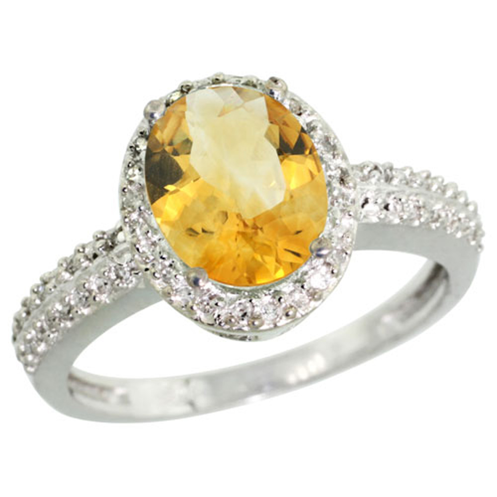 Sterling Silver Diamond Natural Citrine Ring Oval 9x7mm, 1/2 inch wide, sizes 5-10