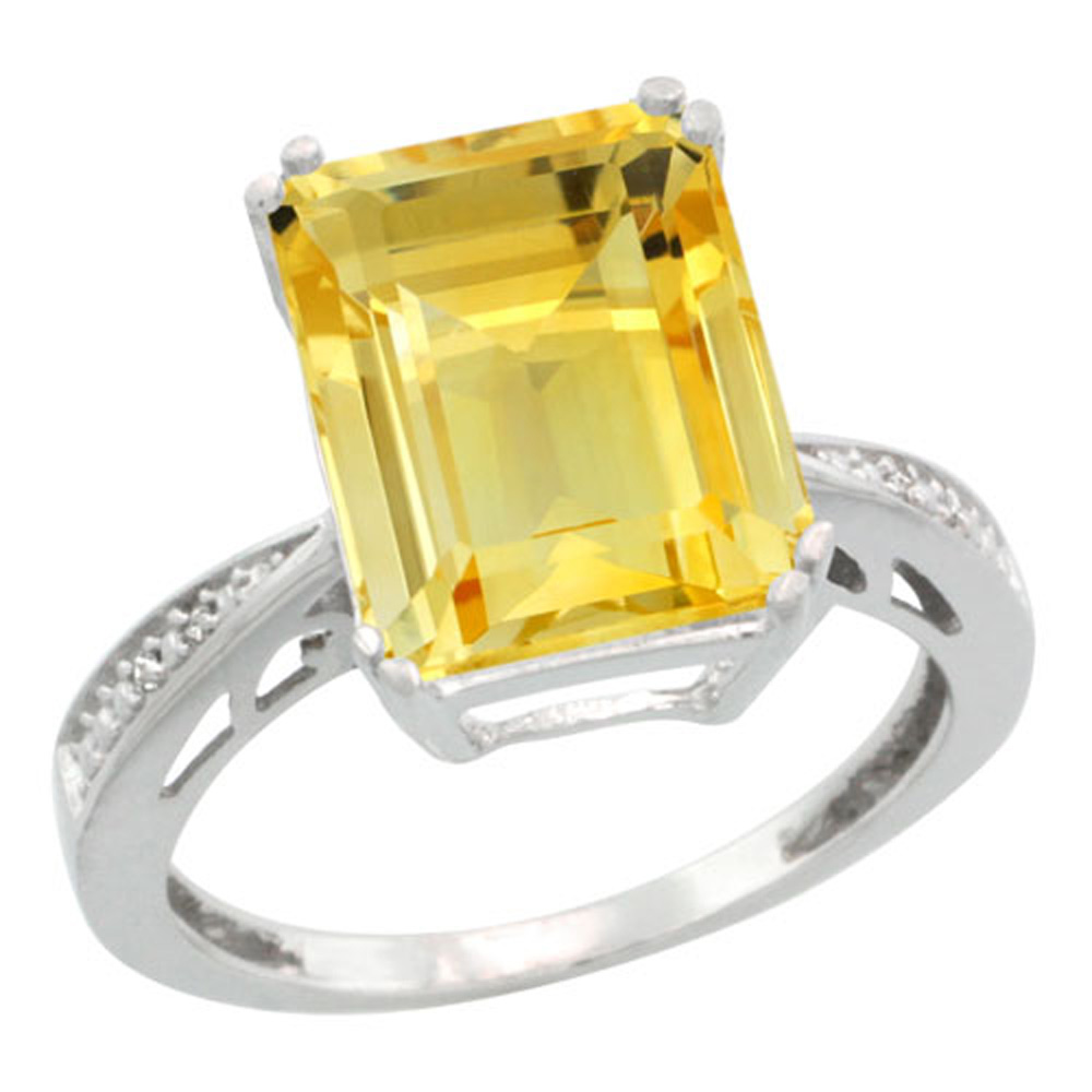 Sterling Silver Diamond Natural Citrine Ring Emerald-cut 12x10mm, 1/2 inch wide, sizes 5-10
