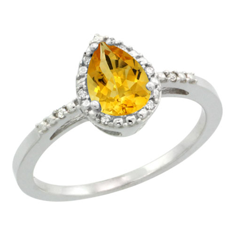 Sterling Silver Diamond Natural Citrine Ring Pear 7x5mm, 3/8 inch wide, sizes 5-10