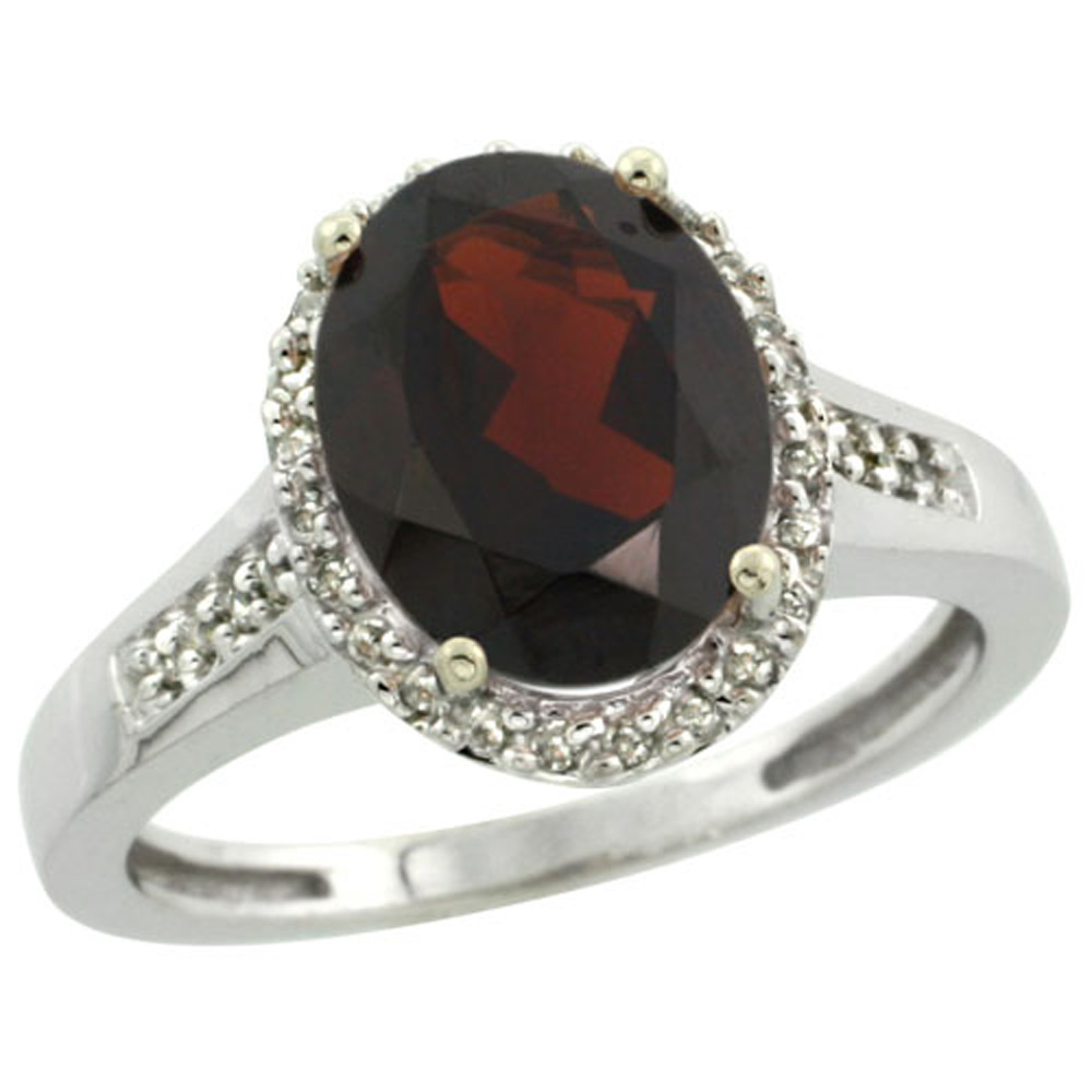 Sterling Silver Diamond Natural Garnet Ring Oval 10x8mm, 1/2 inch wide, sizes 5-10