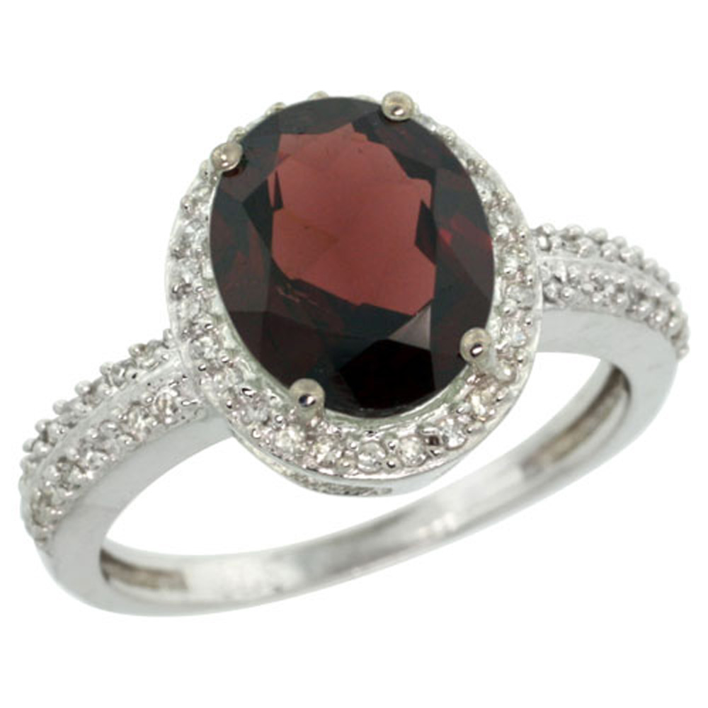 Sterling Silver Diamond Natural Garnet Ring Oval 10x8mm, 1/2 inch wide, sizes 5-10