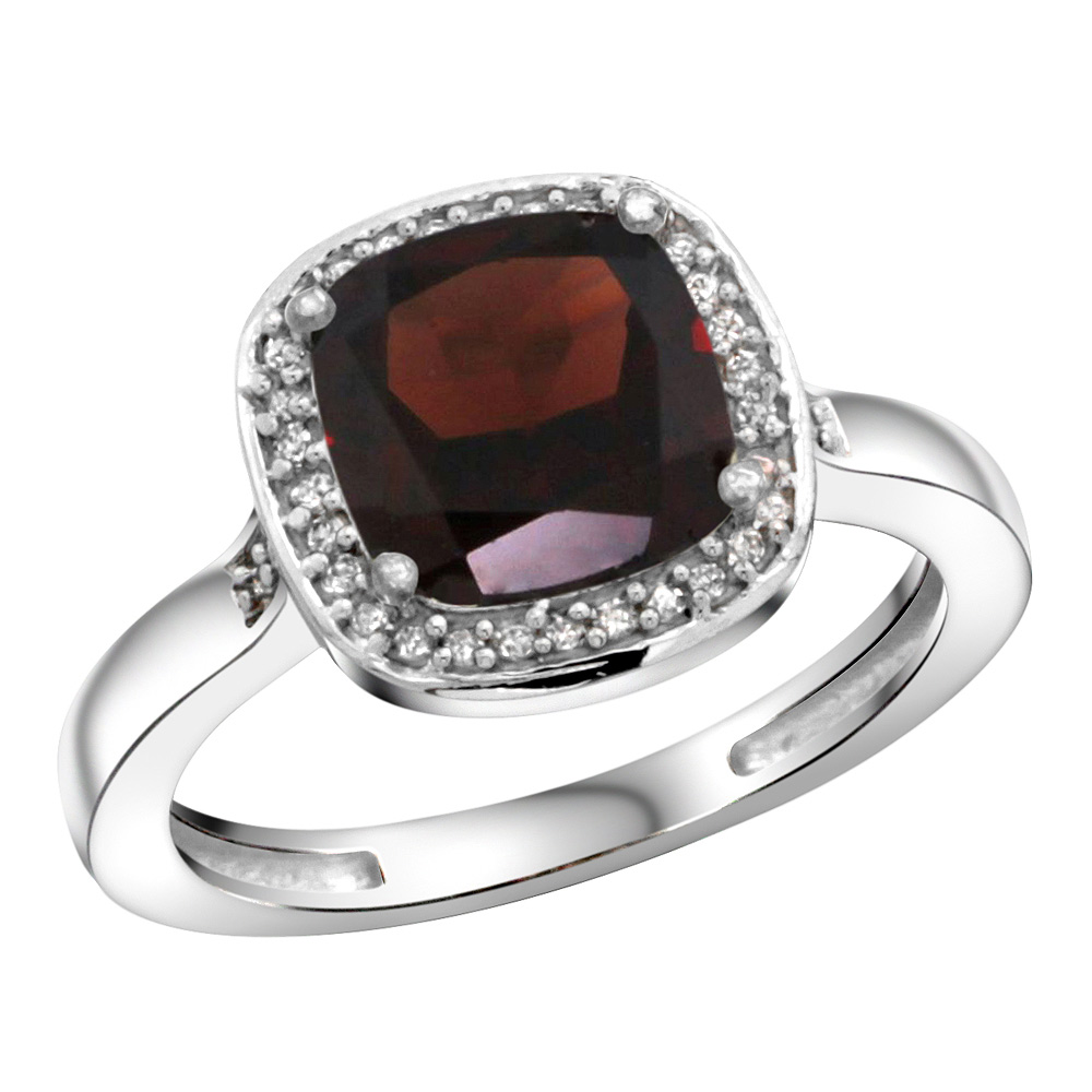 Sterling Silver Diamond Natural Garnet Ring Cushion-cut 8x8mm, 1/2 inch wide, sizes 5-10
