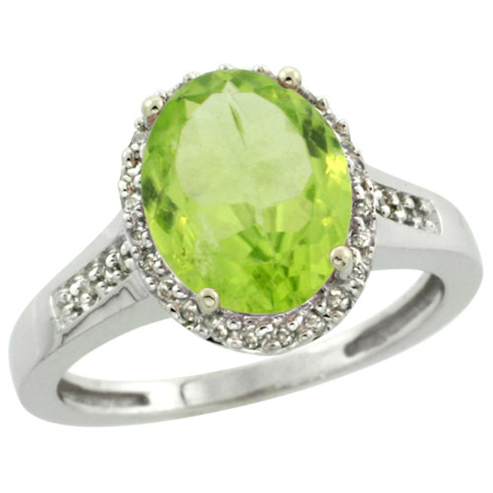 Sterling Silver Diamond Natural Peridot Ring Oval 10x8mm, 1/2 inch wide, sizes 5-10