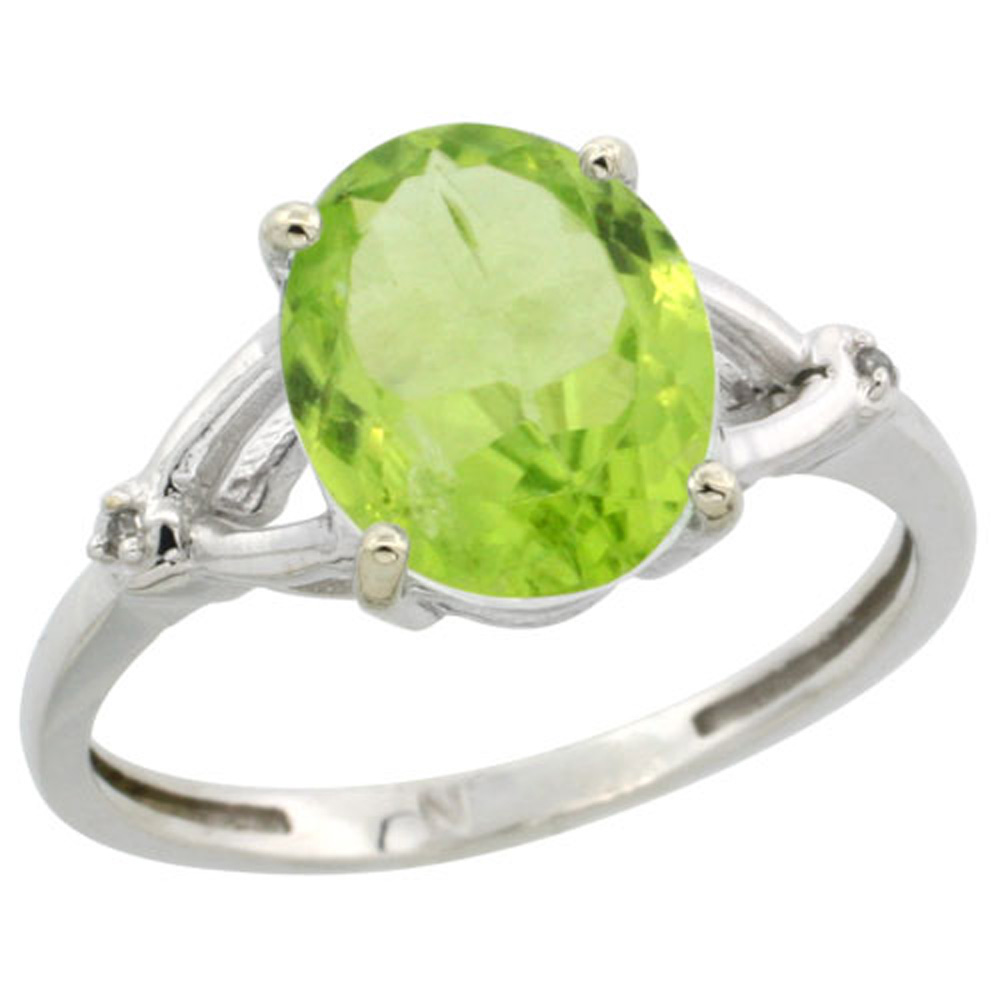 Sterling Silver Diamond 10x8mm Oval Natural Peridot Engagement Ring for Women 3/8 inch wide Sizes 5-10