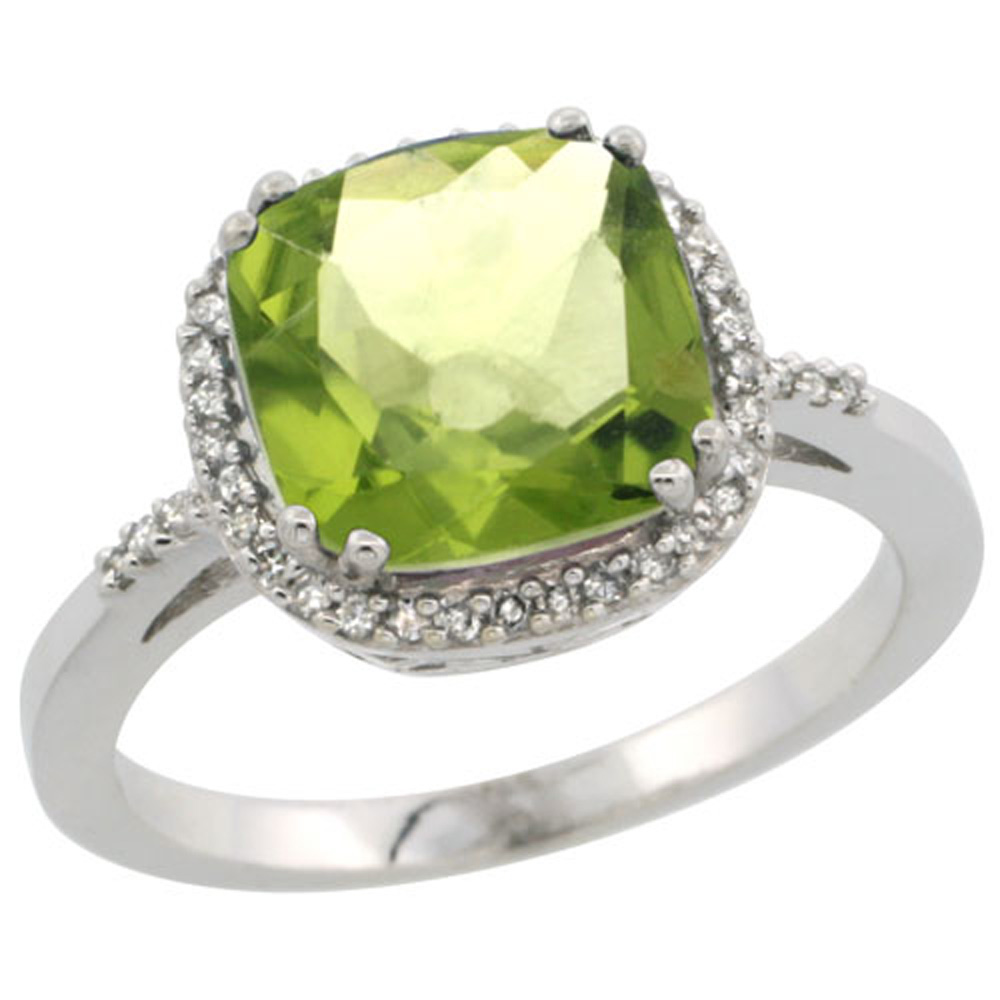Sterling Silver Diamond Natural Peridot Ring Cushion-cut 9x9mm, 1/2 inch wide, sizes 5-10