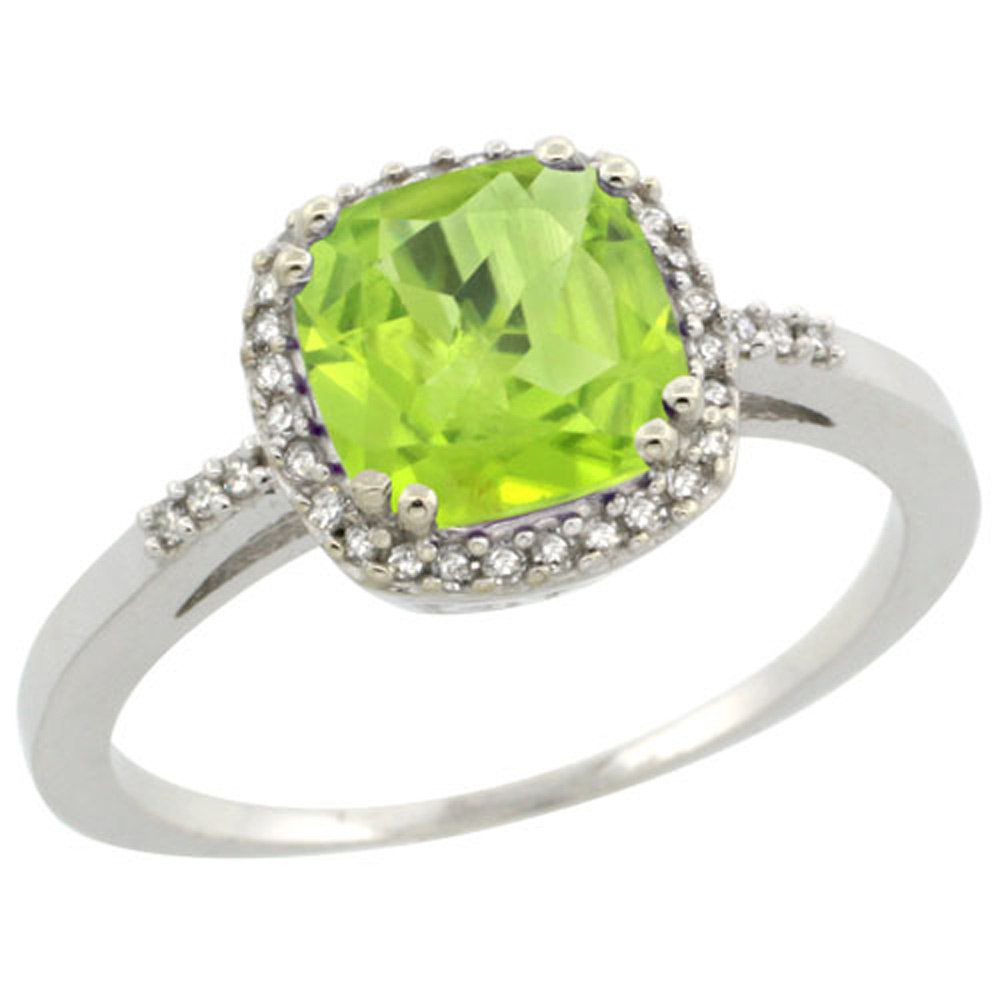 Sterling Silver Diamond Natural Peridot Ring Cushion-cut 7x7mm, 3/8 inch wide, sizes 5-10