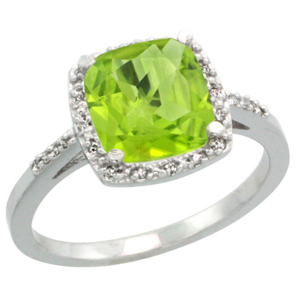 Sterling Silver Diamond Natural Peridot Ring Cushion-cut 8x8mm, 1/2 inch wide, sizes 5-10