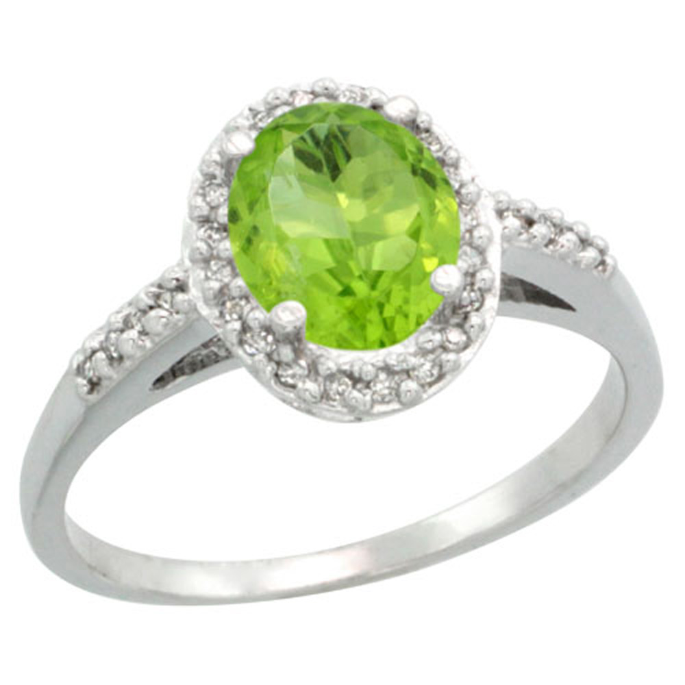 Sterling Silver Diamond Natural Peridot Ring Oval 8x6mm, 3/8 inch wide, sizes 5-10
