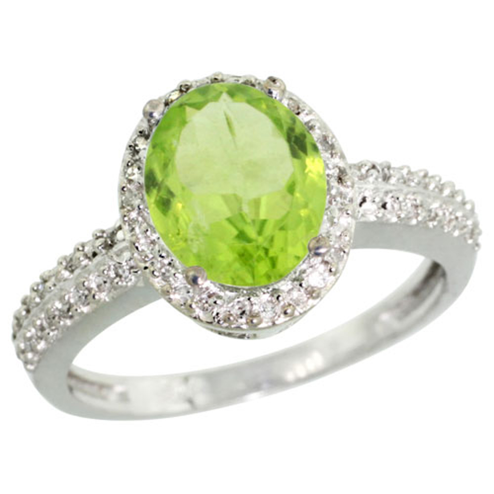 Sterling Silver Diamond Natural Peridot Ring Oval 9x7mm, 1/2 inch wide, sizes 5-10