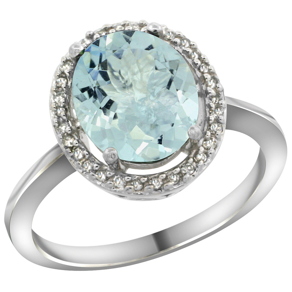 Sterling Silver Diamond Halo Natural Aquamarine Ring Oval 10X8 mm, 1/2 inch wide, sizes 5-10