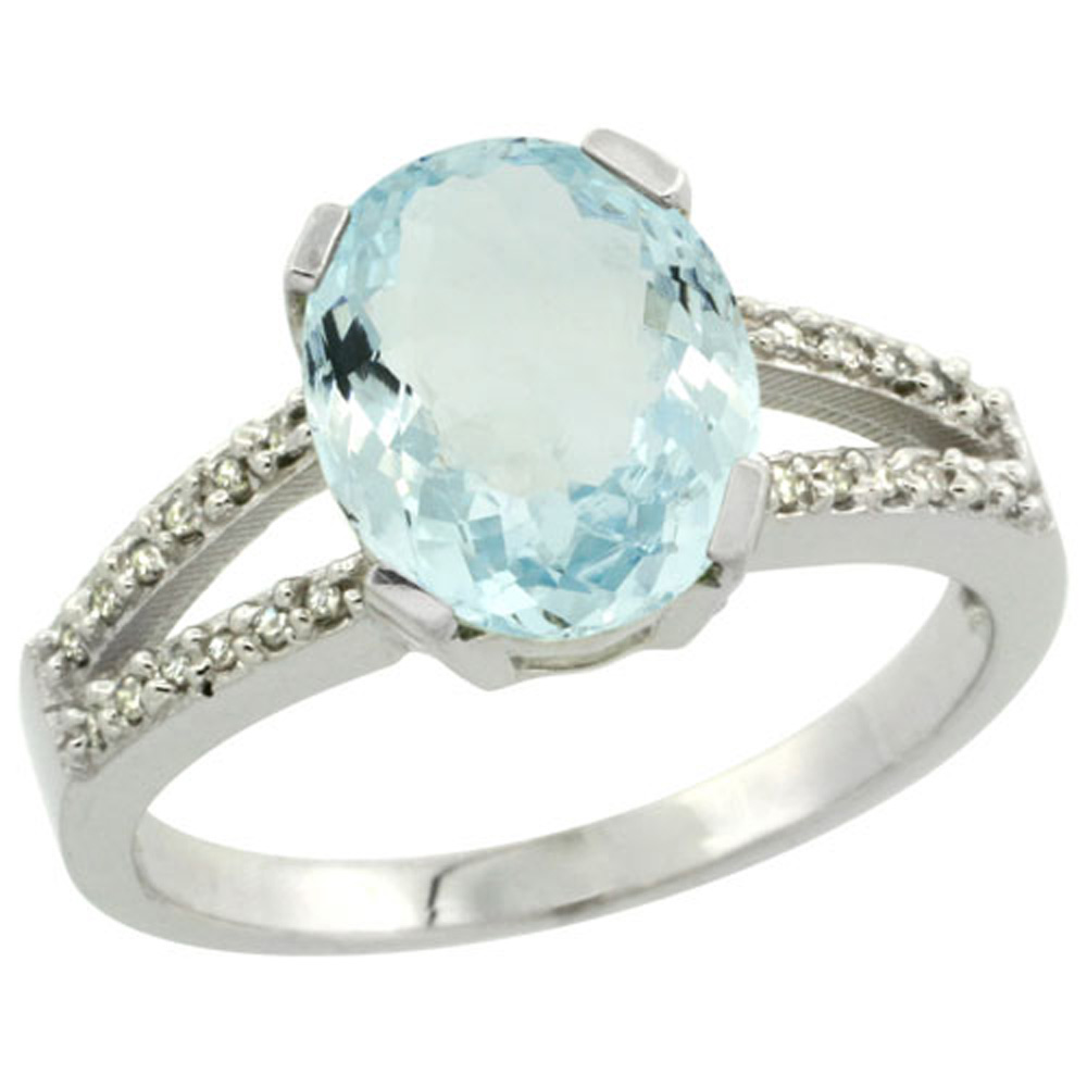 Sterling Silver Diamond Halo Natural Aquamarine Ring Oval 10x8mm, 3/8 inch wide, sizes 5-10