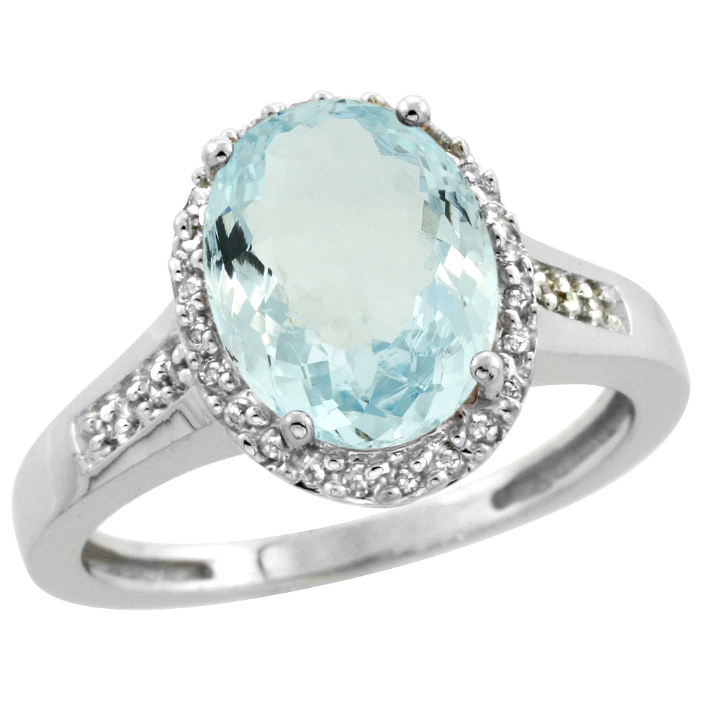 Sterling Silver Diamond Natural Aquamarine Ring Oval 10x8mm, 1/2 inch wide, sizes 5-10