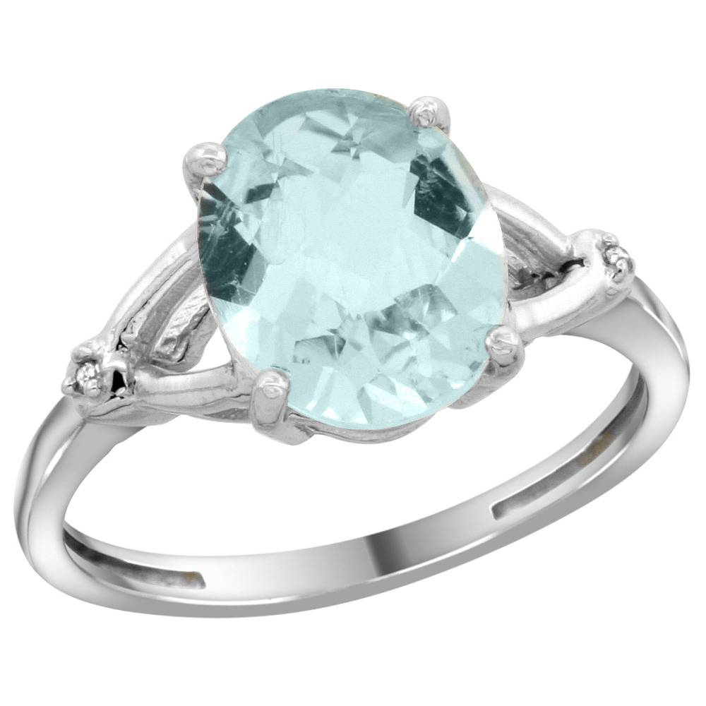 Sterling Silver Diamond 10x8mm Oval Natural Aquamarine Engagement Ring for Women 3/8 inch wide Sizes 5-10