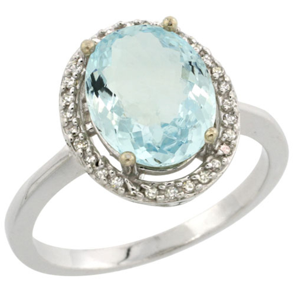 Sterling Silver Diamond Natural Aquamarine Ring Oval 10x8mm, 1/2 inch wide, sizes 5-10