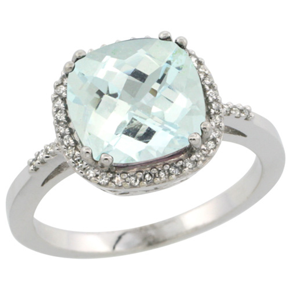 Sterling Silver Diamond Natural Aquamarine Ring Cushion-cut 9x9mm, 1/2 inch wide, sizes 5-10