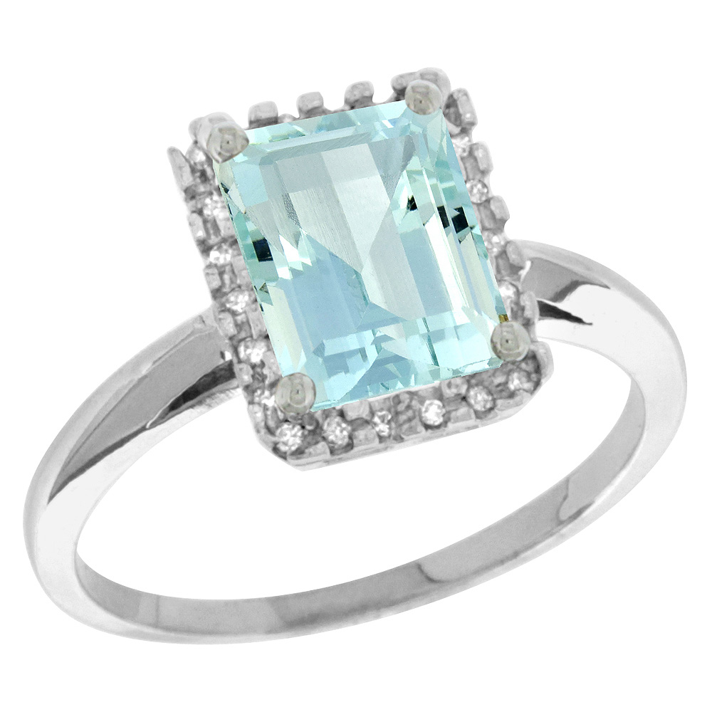 Sterling Silver Diamond Natural Aquamarine Ring Emerald-cut 8x6mm, 1/2 inch wide, sizes 5-10