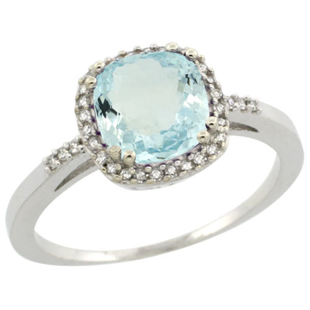 Sterling Silver Diamond Natural Aquamarine Ring Cushion-cut 7x7mm, 3/8 inch wide, sizes 5-10