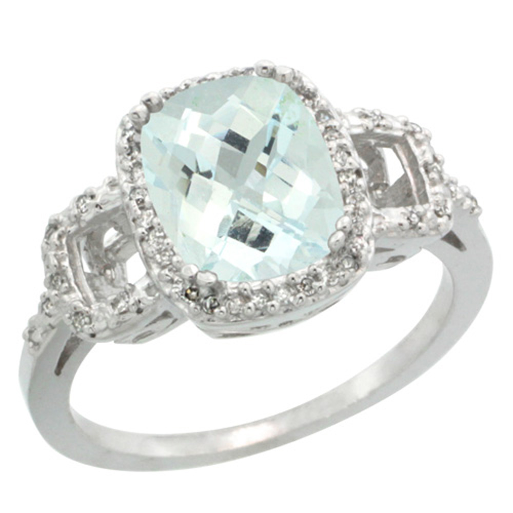 Sterling Silver Diamond Natural Aquamarine Ring Cushion-cut 9x7mm, 1/2 inch wide, sizes 5-10