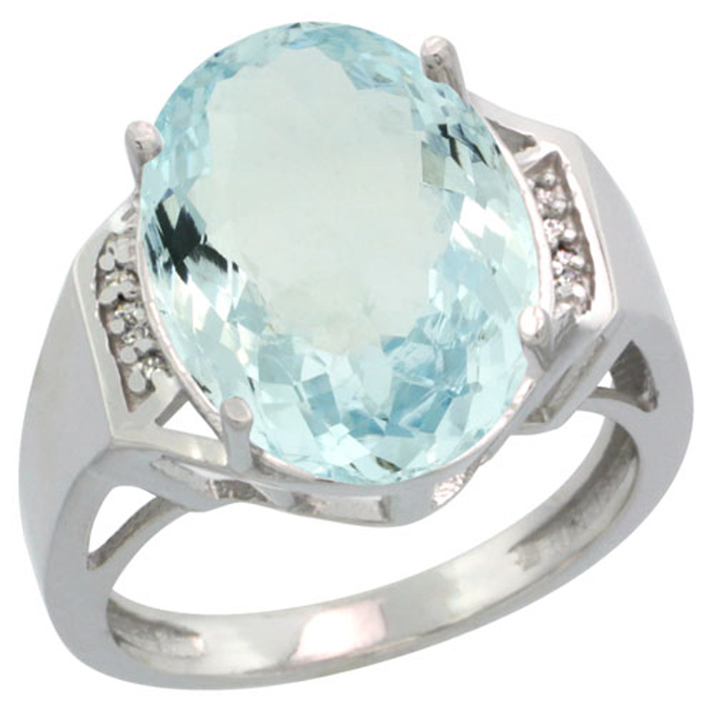 Sterling Silver Diamond Natural Aquamarine Ring Oval 16x12mm, 5/8 inch wide, sizes 5-10
