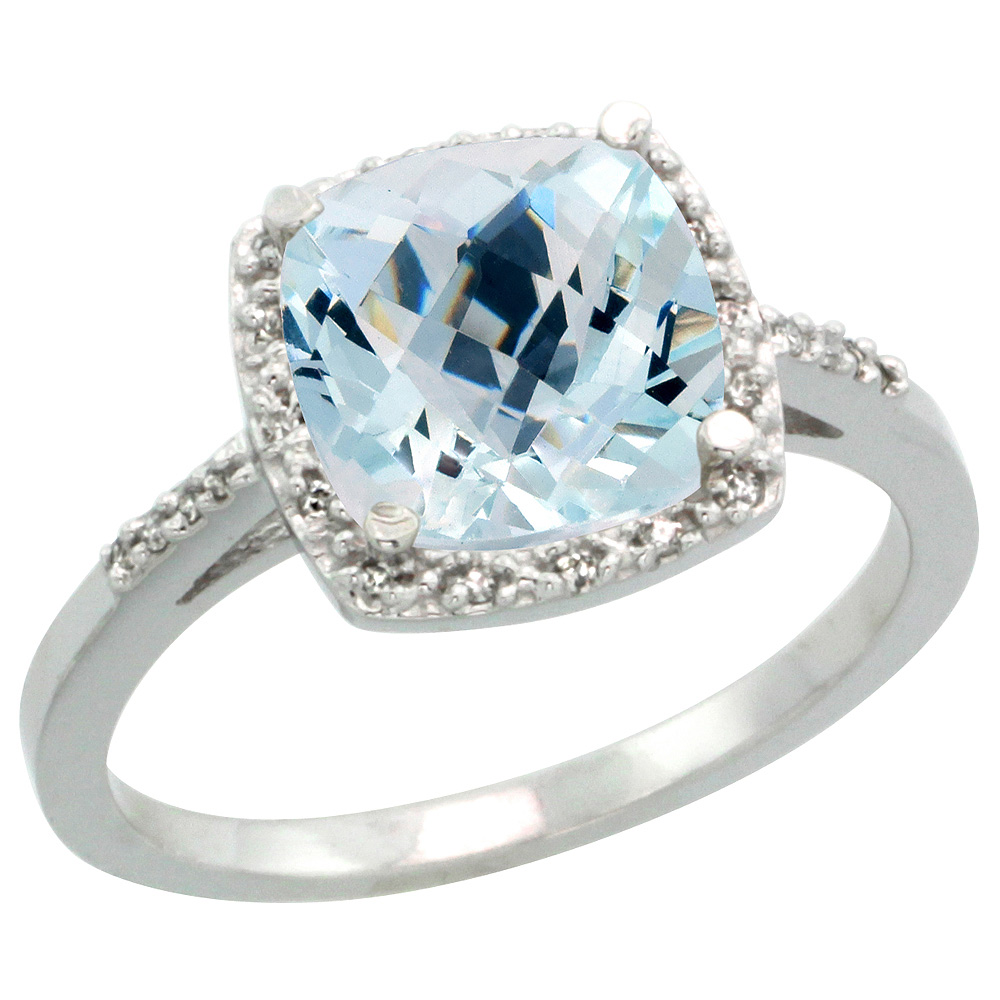 Sterling Silver Diamond Natural Aquamarine Ring Cushion-cut 8x8mm, 1/2 inch wide, sizes 5-10