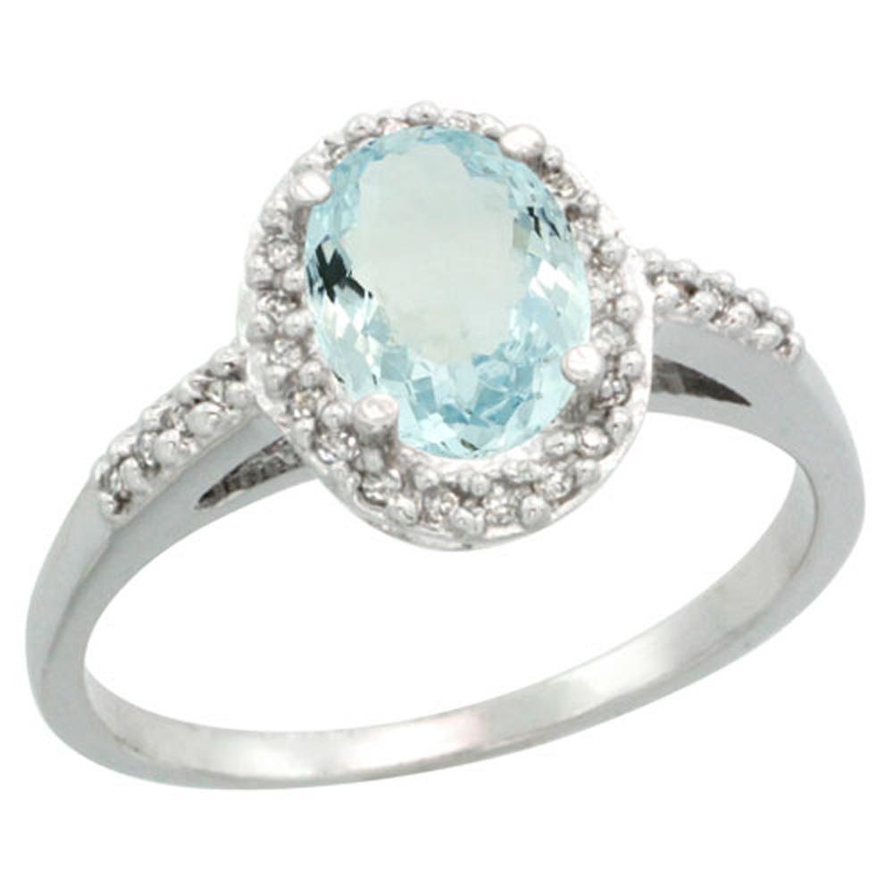Sterling Silver Diamond Natural Aquamarine Ring Oval 8x6mm, 3/8 inch wide, sizes 5-10