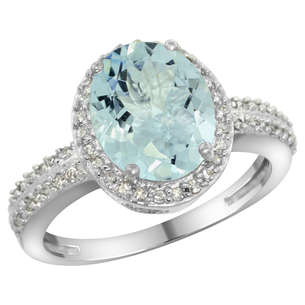 Sterling Silver Diamond Natural Aquamarine Ring Oval 10x8mm, 1/2 inch wide, sizes 5-10