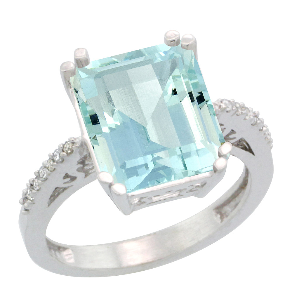 Sterling Silver Diamond Natural Aquamarine Ring Emerald-cut 12x10mm, 1/2 inch wide, sizes 5-10