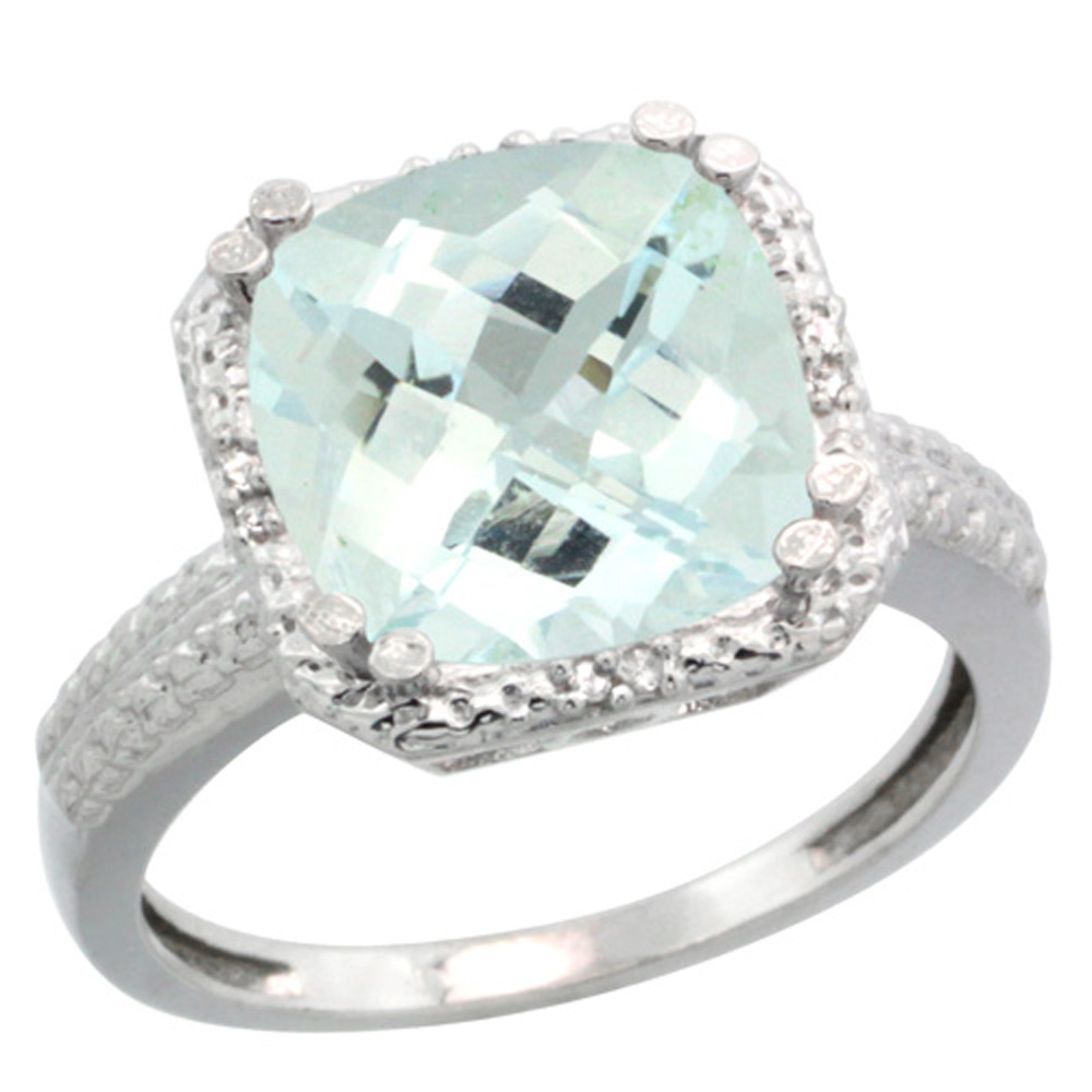 Sterling Silver Diamond Natural Aquamarine Ring Cushion-cut 11x11mm, 1/2 inch wide, sizes 5-10