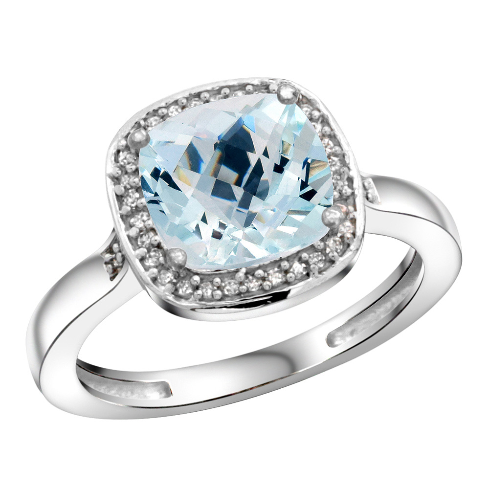 Sterling Silver Diamond Natural Aquamarine Ring Cushion-cut 8x8mm, 1/2 inch wide, sizes 5-10