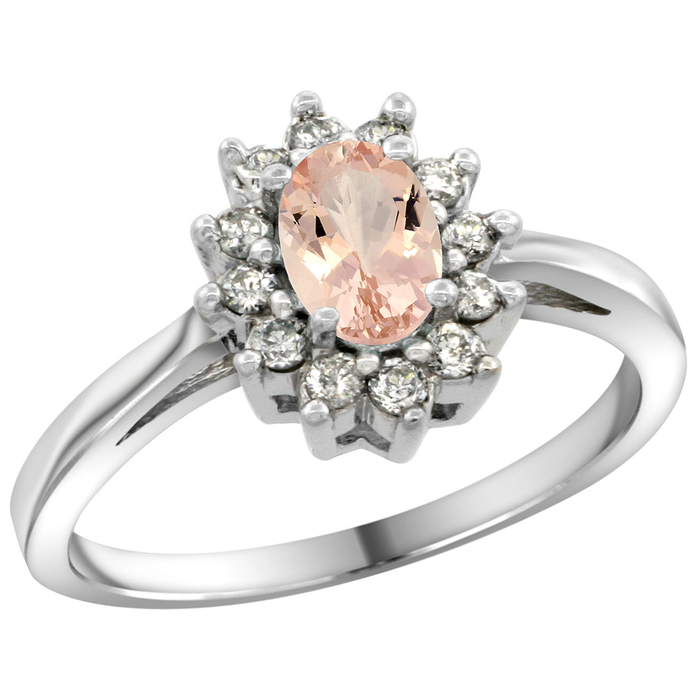 Sterling Silver Natural Morganite Diamond Flower Halo Ring Oval 6X4mm, 3/8 inch wide, sizes 5 10