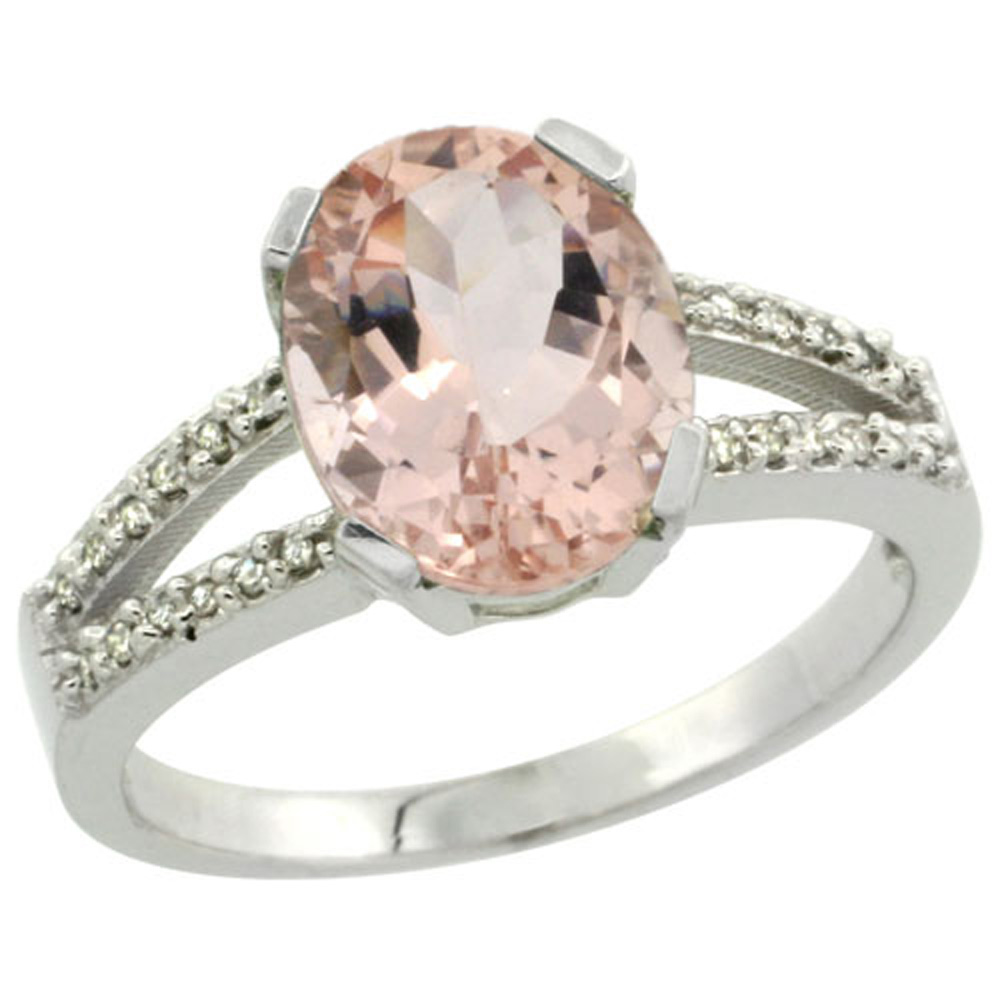Sterling Silver Diamond Halo Natural Morganite Ring Oval 10x8mm, 3/8 inch wide, sizes 5-10