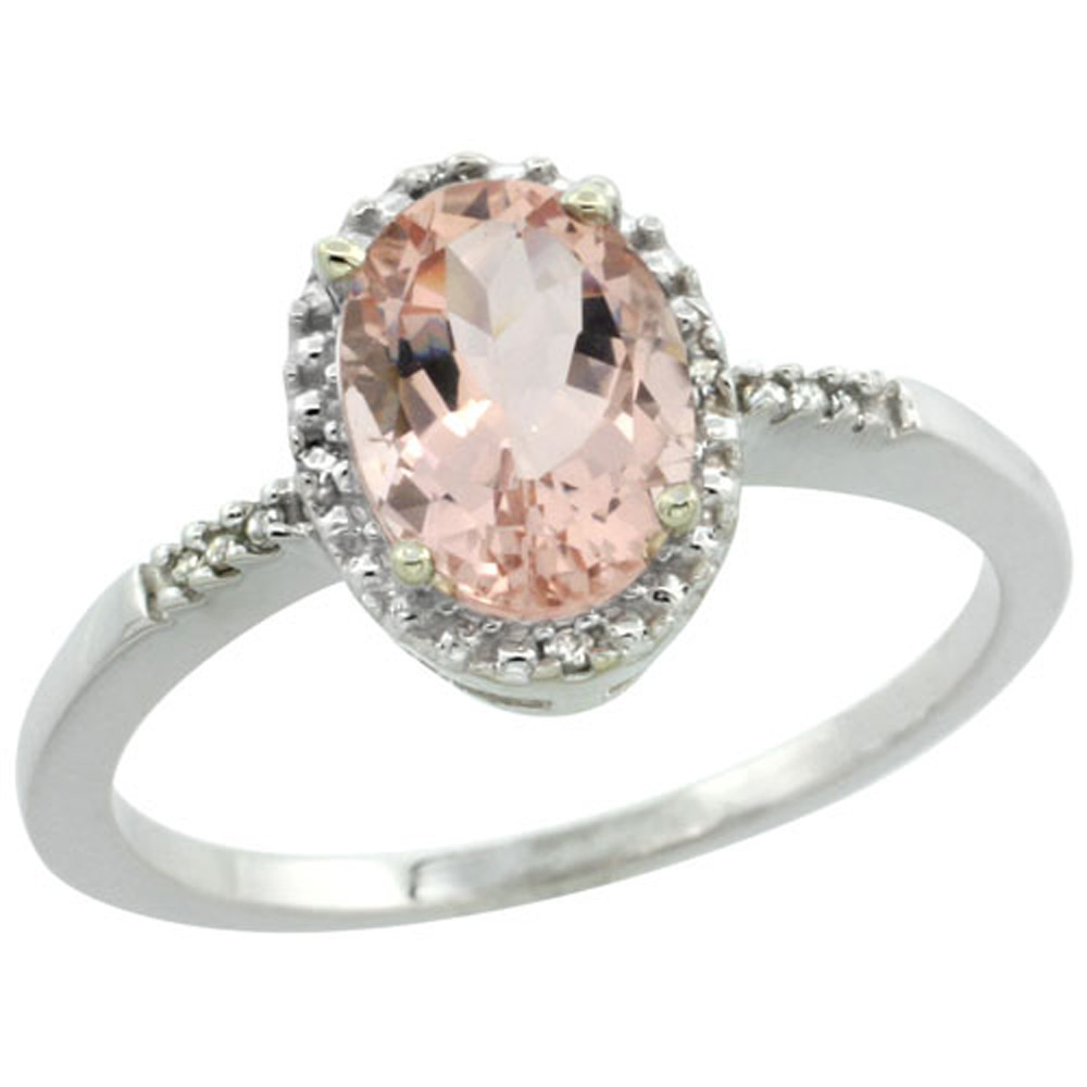 Sterling Silver Diamond Natural Morganite Ring Oval 8x6mm, 3/8 inch wide, sizes 5-10