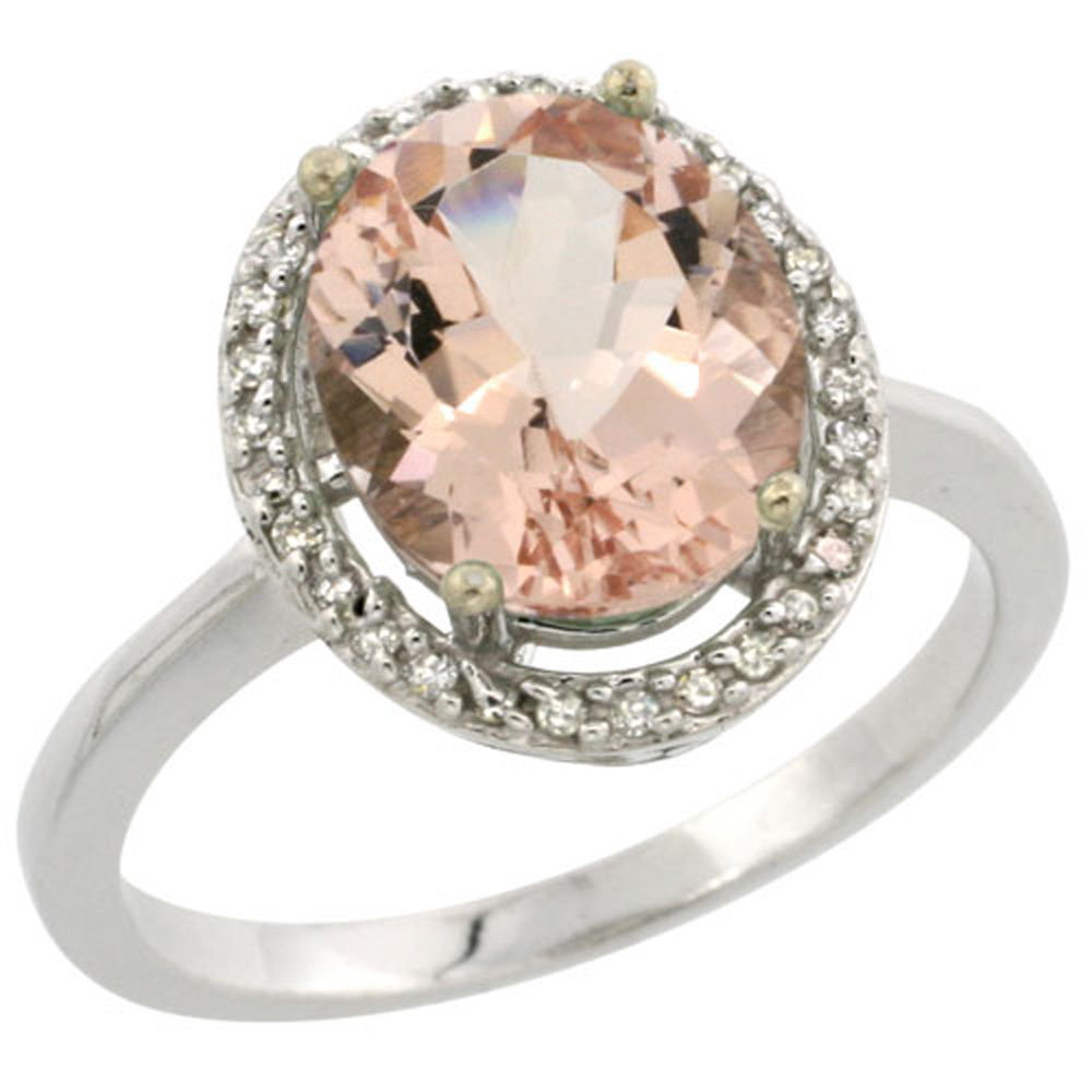 Sterling Silver Diamond Natural Morganite Ring Oval 10x8mm, 1/2 inch wide, sizes 5-10