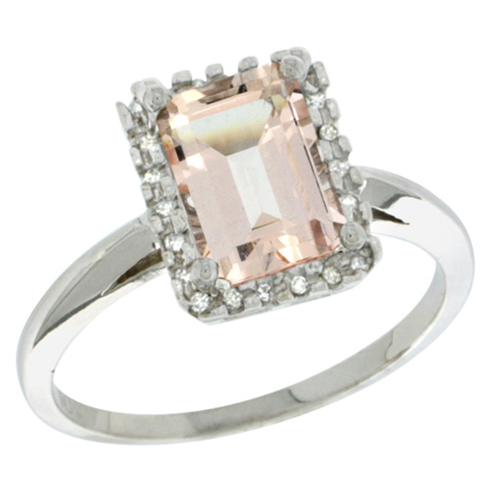 Sterling Silver Diamond Morganite Ring Emerald-cut 8x6mm, 1/2 inch wide, sizes 5-10