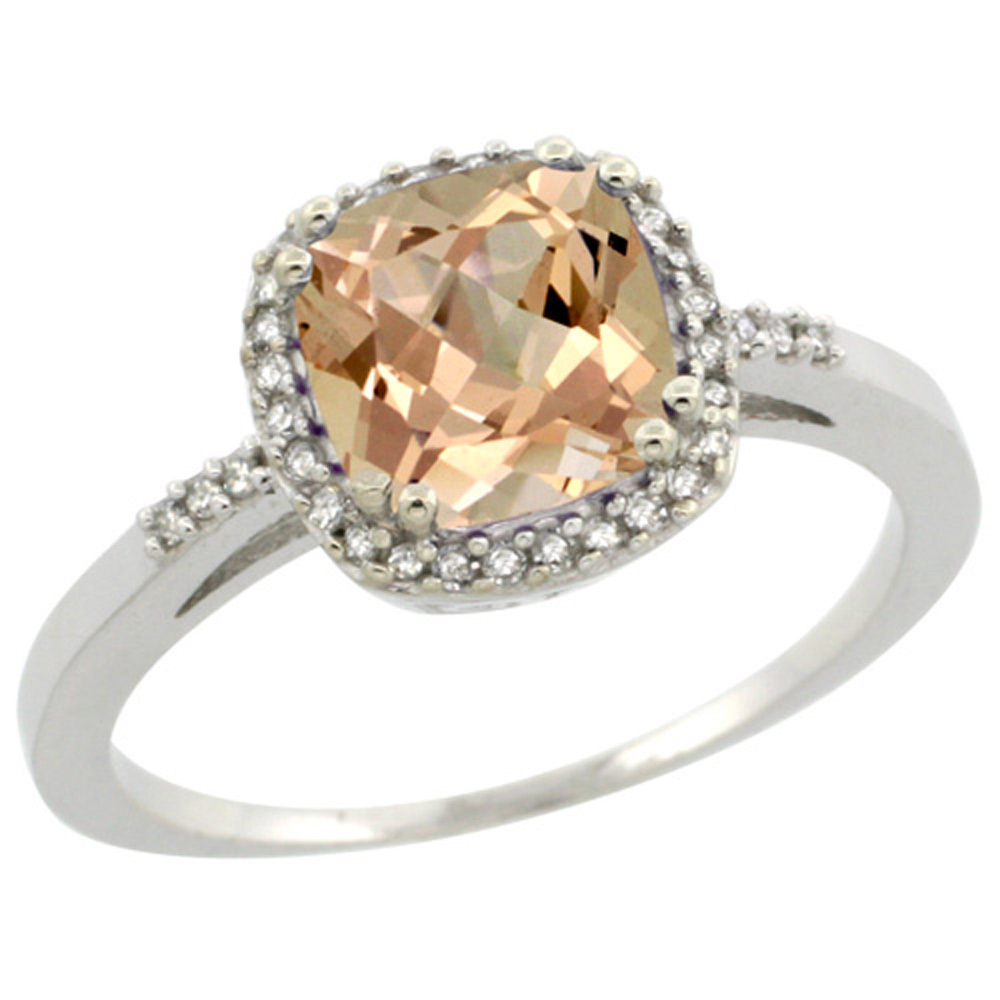 Sterling Silver Diamond Morganite Ring Cushion-cut 7x7mm, 3/8 inch wide, sizes 5-10