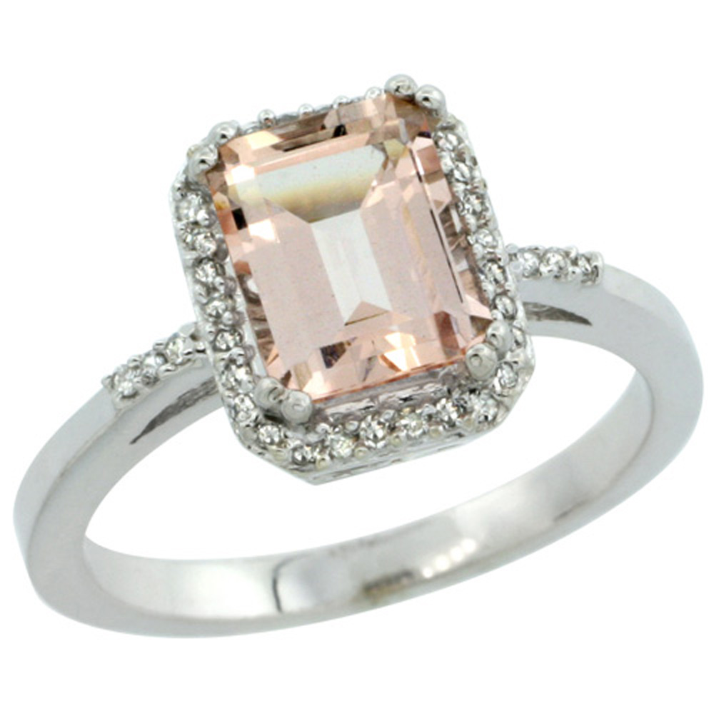 Sterling Silver Diamond Morganite Ring Emerald-cut 8x6mm, 1/2 inch wide, sizes 5-10