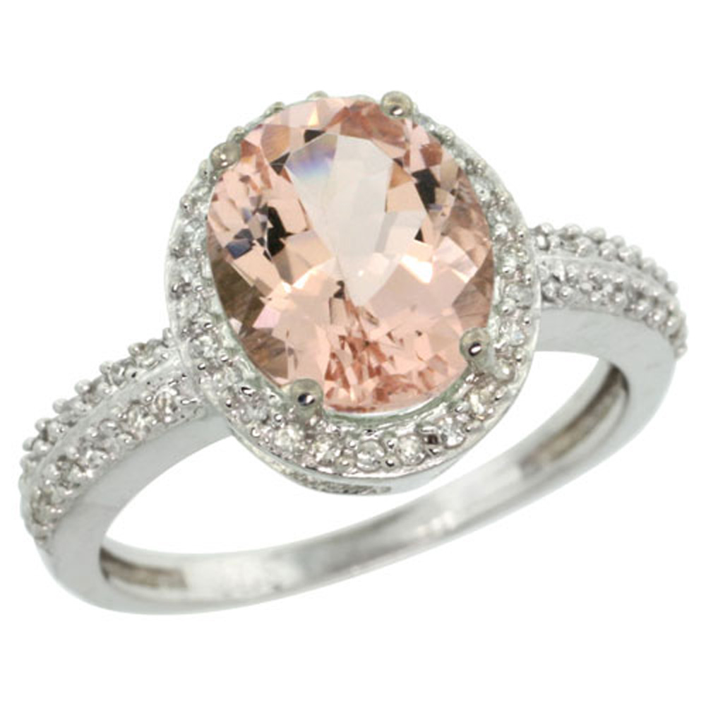 Sterling Silver Diamond Natural Morganite Ring Oval 10x8mm, 1/2 inch wide, sizes 5-10
