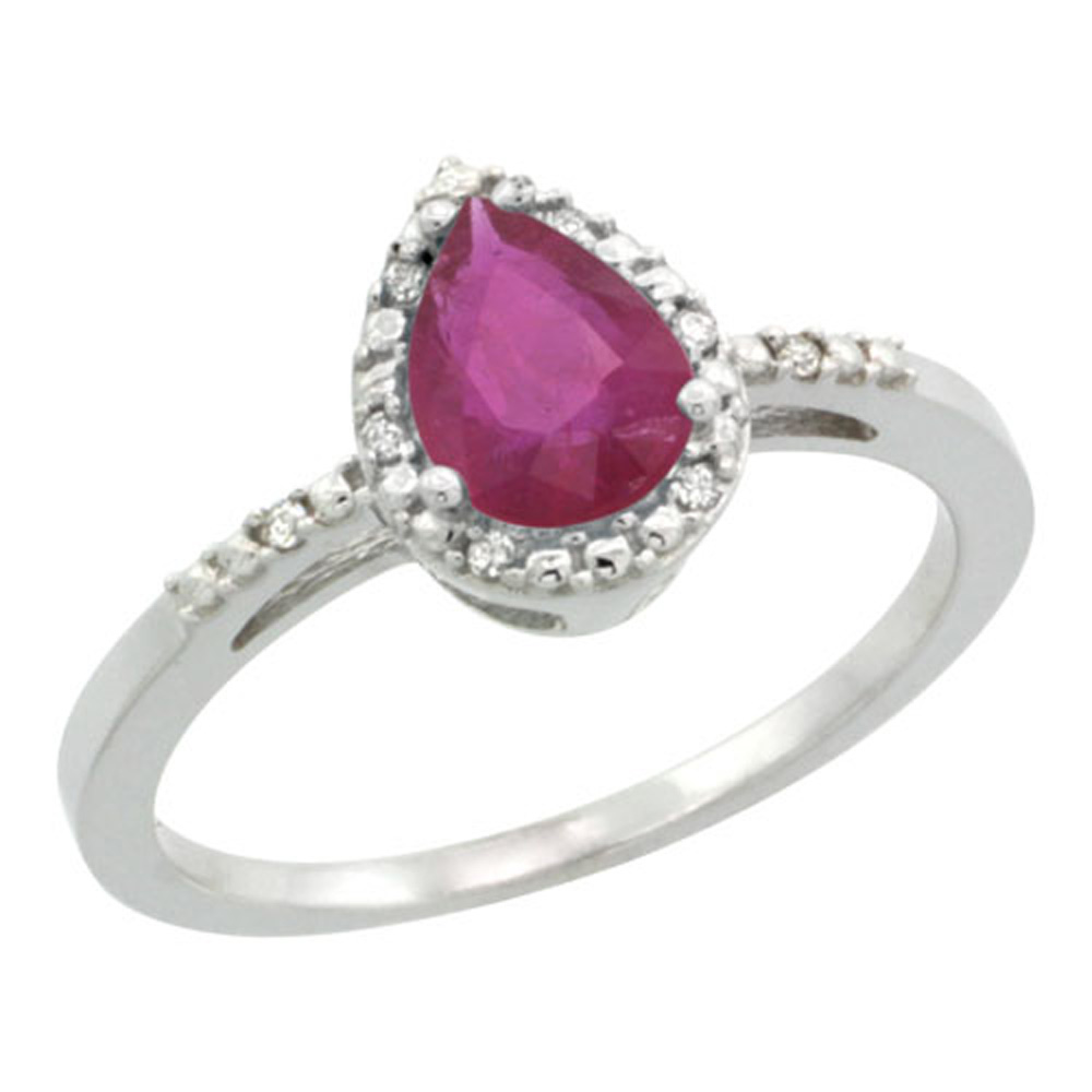 Sterling Silver Diamond Natural High Quality Ruby Ring Pear 7x5mm, 3/8 inch wide, sizes 5-10