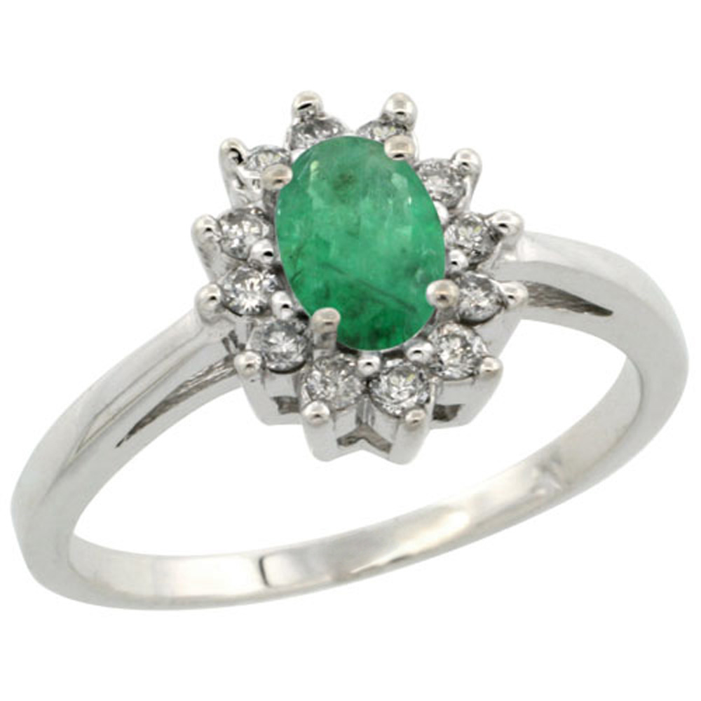 Sterling Silver Natural High Quality Emerald Diamond Flower Halo Ring Oval 6X4mm, 3/8 inch wide, sizes 5 10