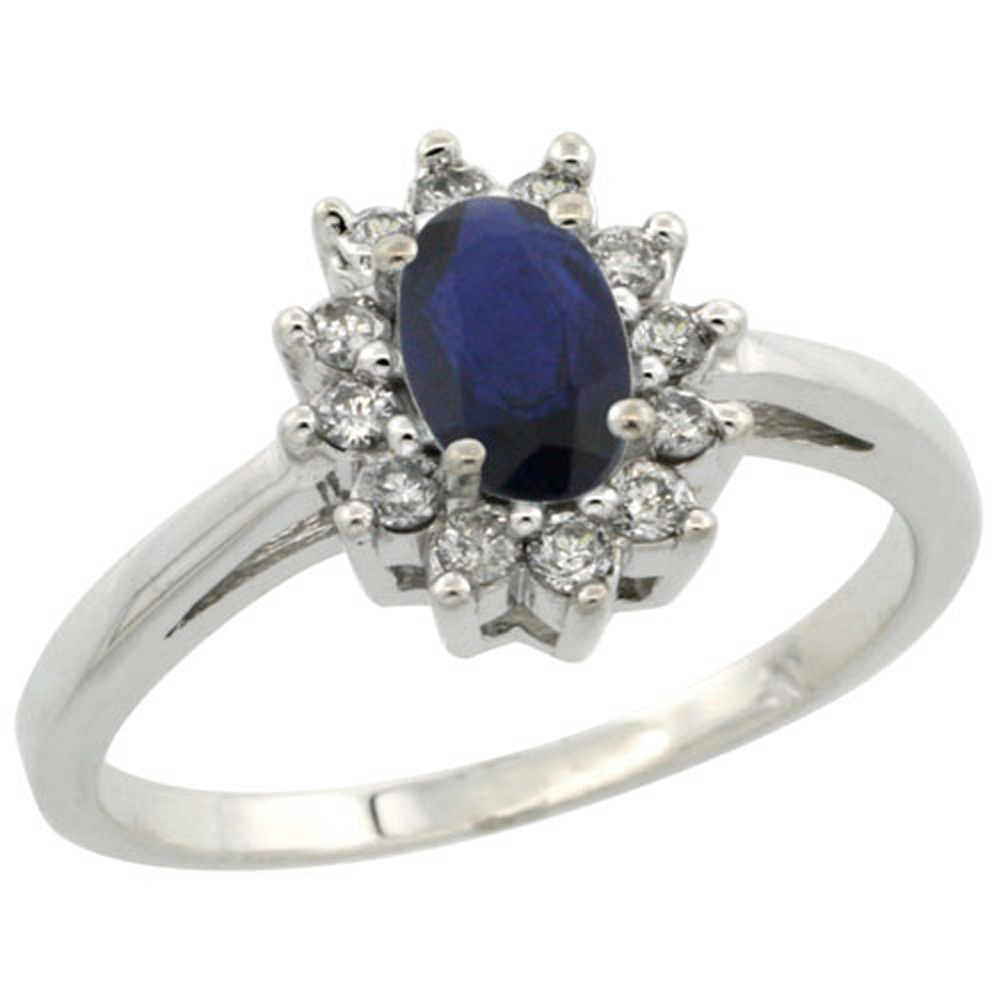 Sterling Silver Natural High Quality Blue Sapphire Diamond Flower Halo Ring Oval 6X4mm, 3/8 inch wide, sizes 5 10