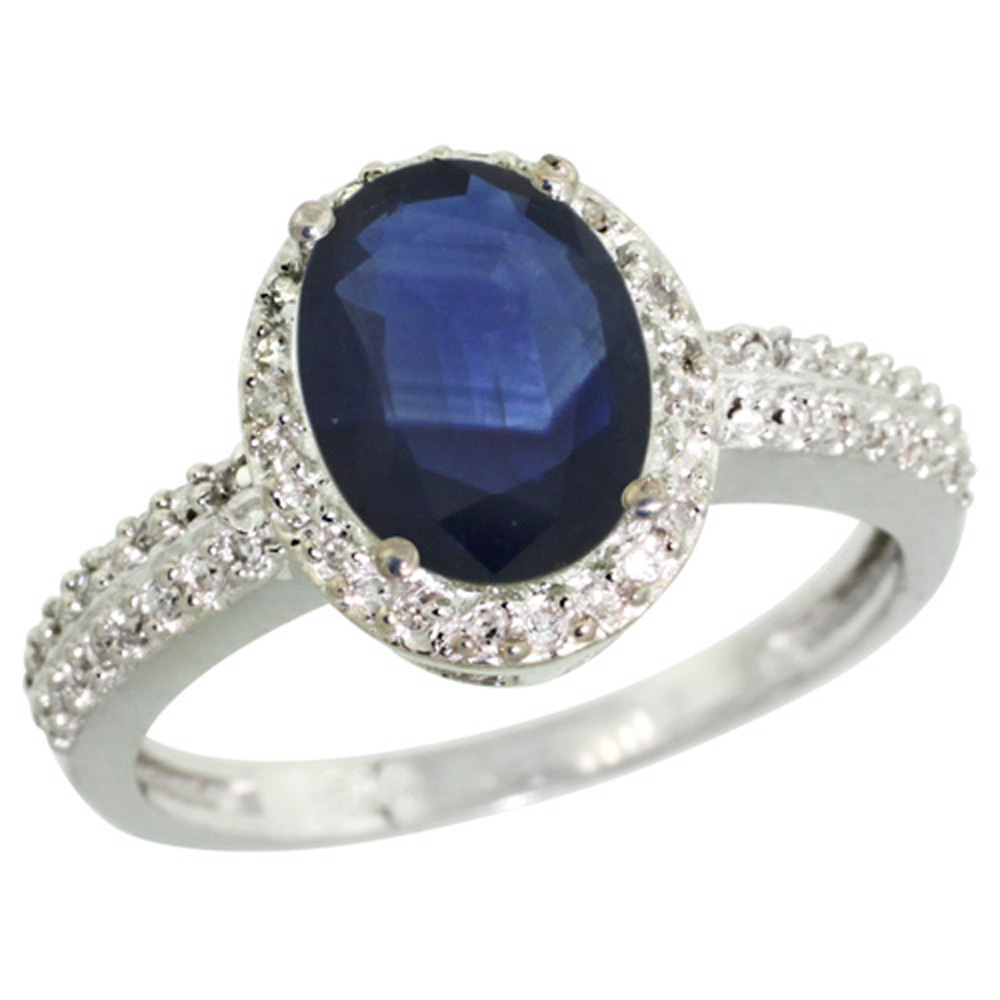 Sterling Silver Diamond Blue Sapphire Ring Oval 9x7mm, 1/2 inch wide, sizes 5-10