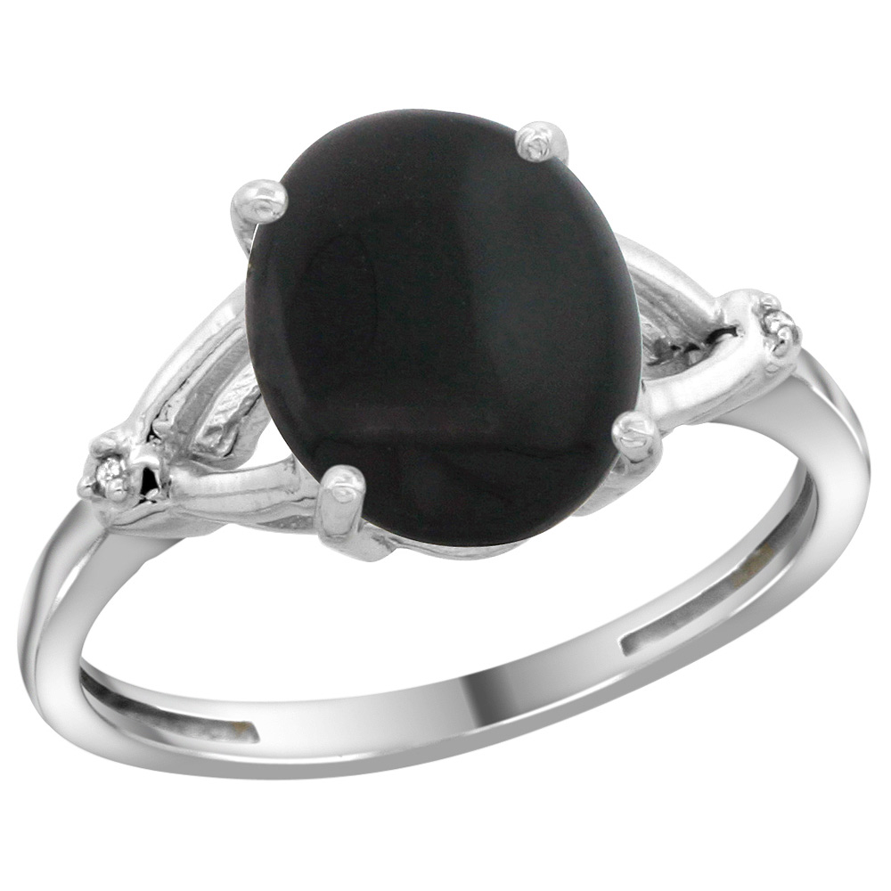 Sterling Silver Diamond 10x8mm Oval Natural Black Onyx Engagement Ring for Women 3/8 inch wide Sizes 5-10