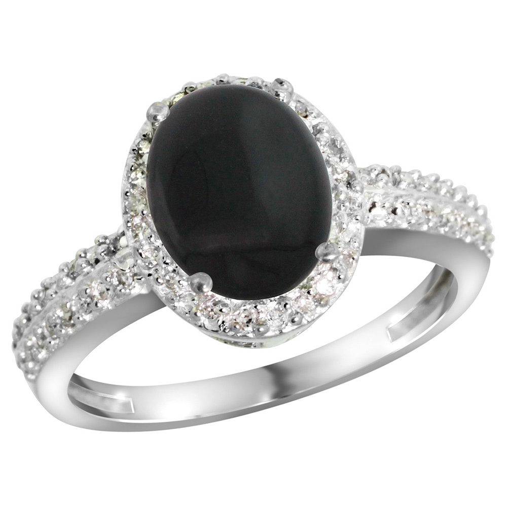 Sterling Silver Diamond Natural Black Onyx Ring Oval 9x7mm, 1/2 inch wide, sizes 5-10