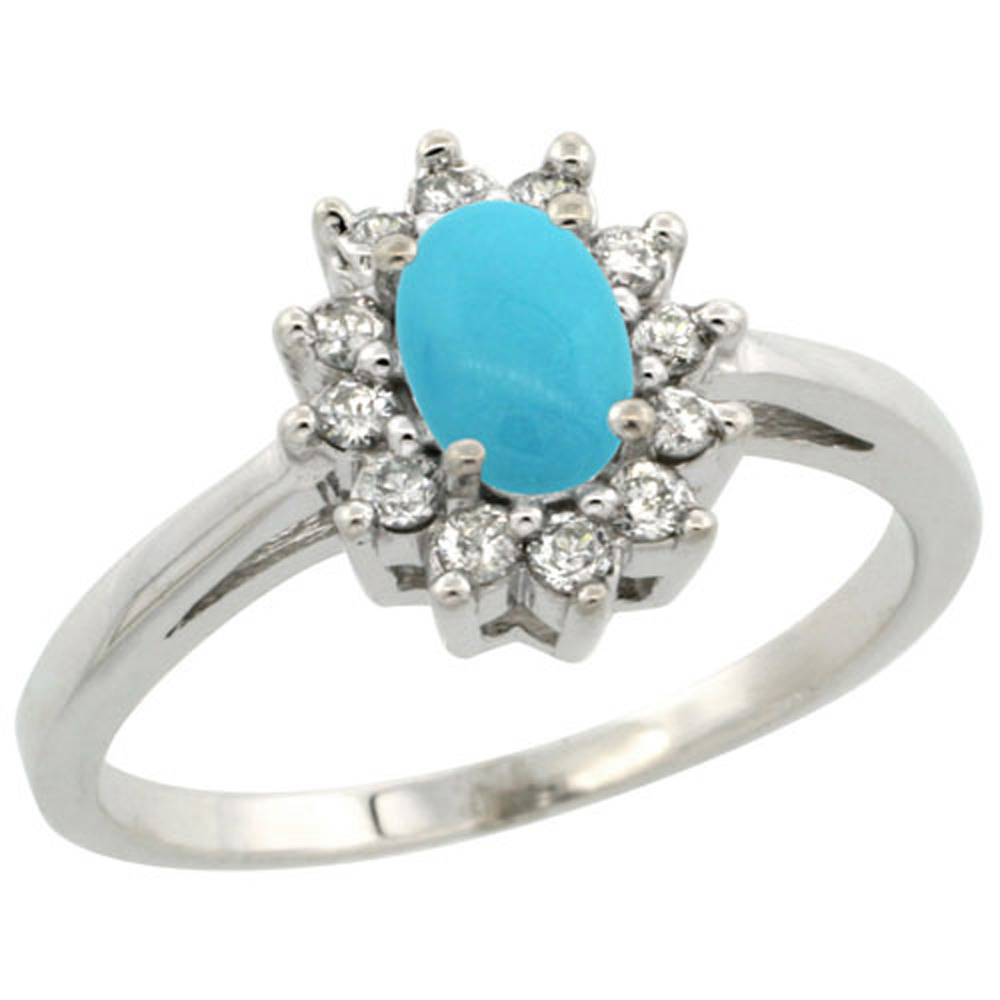 Sterling Silver Sleeping Beauty Turquoise Diamond Flower Halo Ring Oval 6X4mm, 3/8 inch wide, sizes 5-10