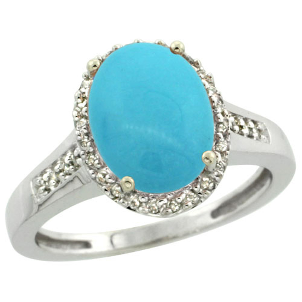 Sterling Silver Diamond Sleeping Beauty Turquoise Ring Oval 10x8mm, 1/2 inch wide, sizes 5-10